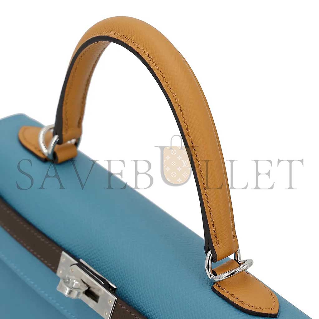 HERMÈS MASTER KELLY 25 BARK COLOR 2S SESAME DENIM BLUE EPSOM SILVER BUCKLE (25*17*7cm)